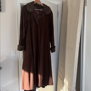 Odyssey in Fashion Georgie Kaye Brown vintage Swing Wool Coat fur trim Size:L-XL